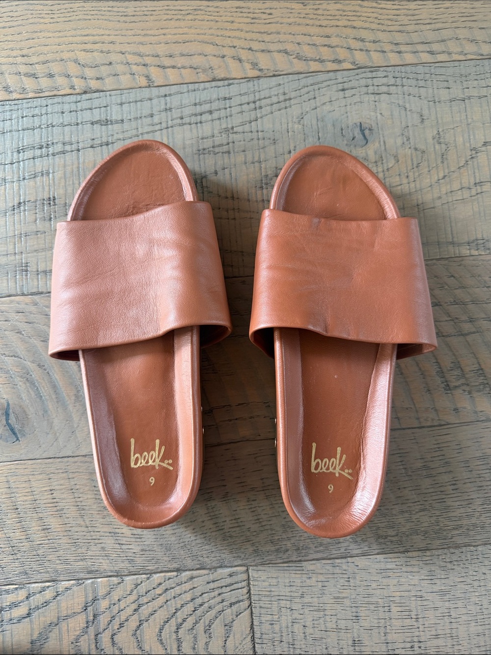 beek Cognac Brown Leather Slide Sandals